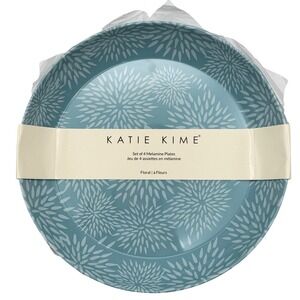 Katie Kime Set of 4 Melamine Plates Teal Blue Floral Burst 8.6 Inch NEW